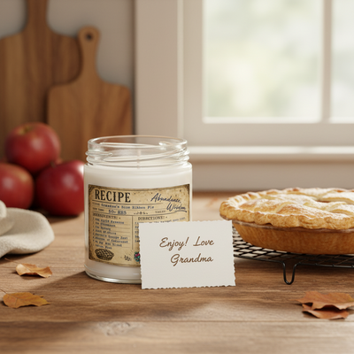 A white wax candle in a clear glass jar with a vintage-style recipe label sits on a wooden table beside a pie on a cooling rack, with apples and a window in the background. A small card reads 'Enjoy! Love Grandma'.