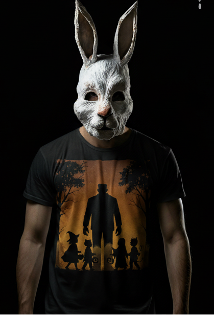Frankenstein trick or treating with children Halloween shirt on donnie darko type figure.