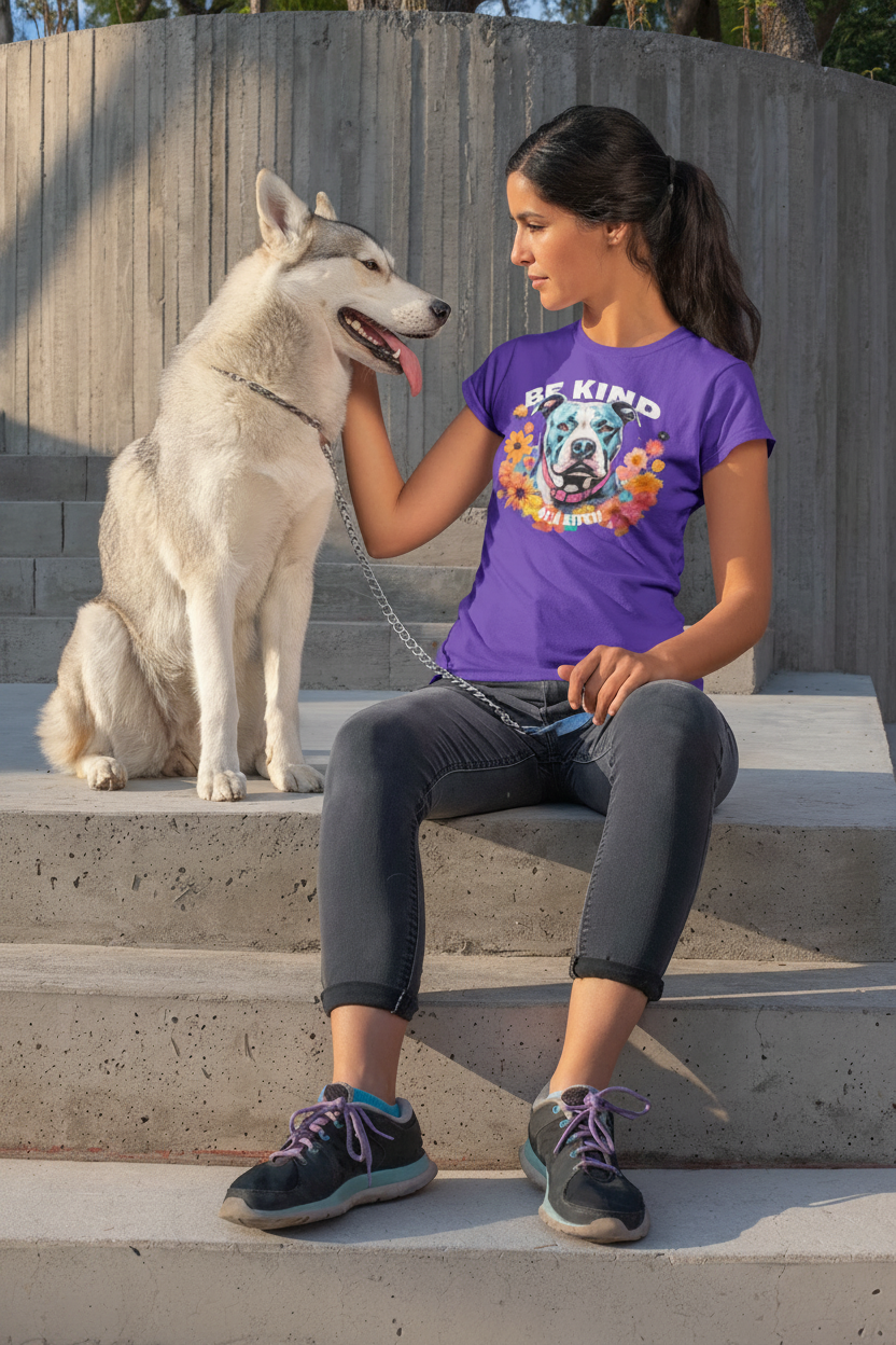woman with her dog wearing a shirt "Be Kind... of a bitch"
