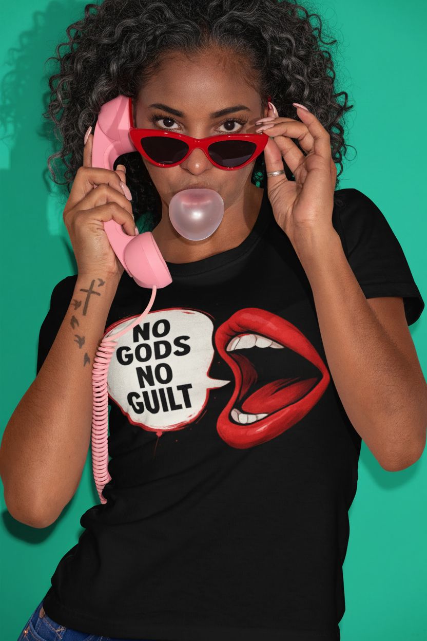 Woman wearing a black t-shirt with graphic design and text, blowing bubble gum against a teal background.