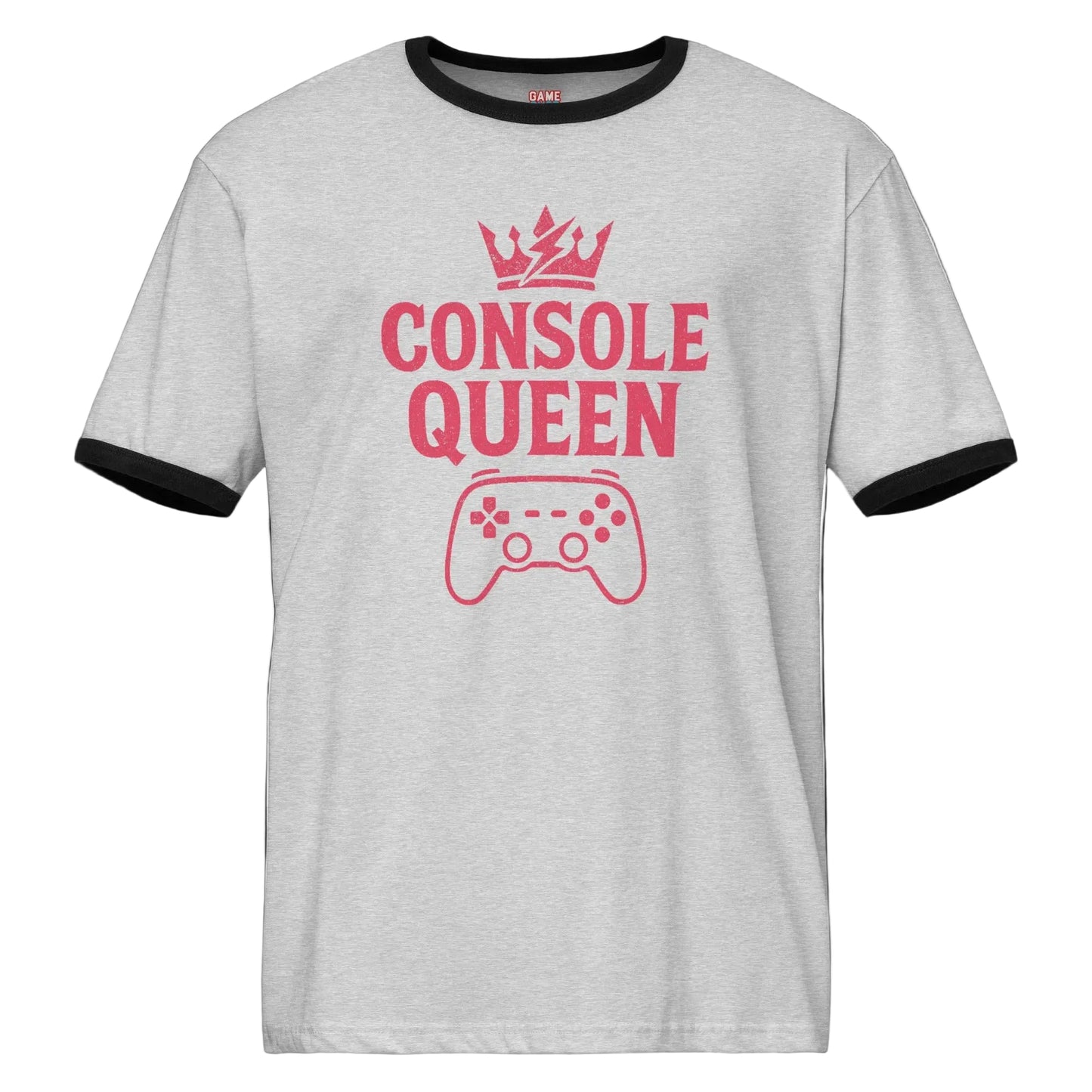 Console Queen ringer shirt on a female video game player