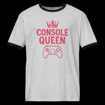 Console Queen ringer shirt on a female video game player