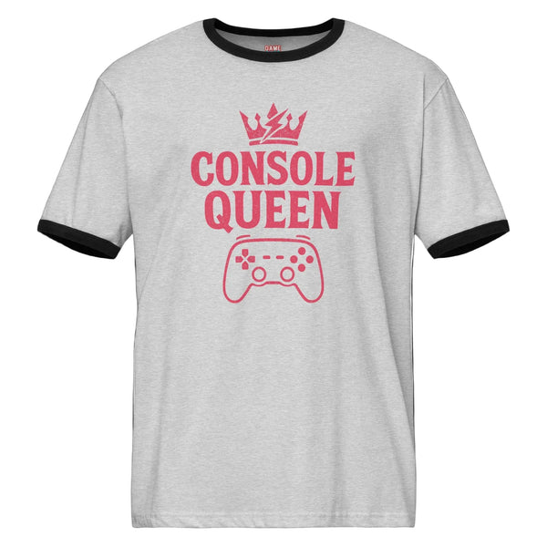 Console Queen ringer shirt on a female video game player