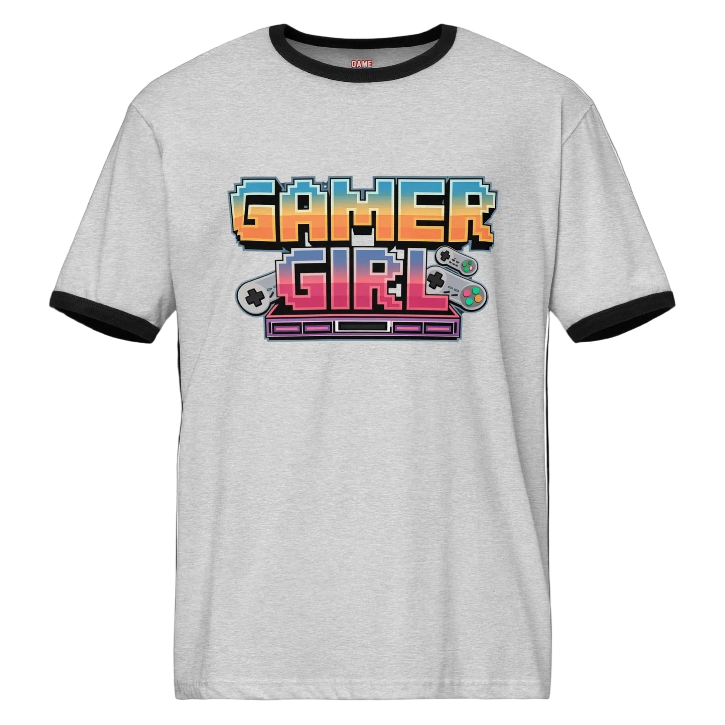 8 bit Gamer Girl ringer shirt in grey