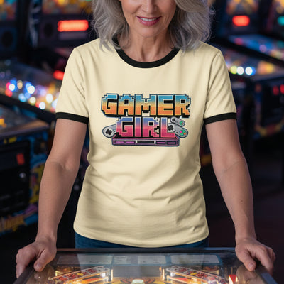 woman playing pinball wearing 8 bit Gamer Shirt shirt Game over gear