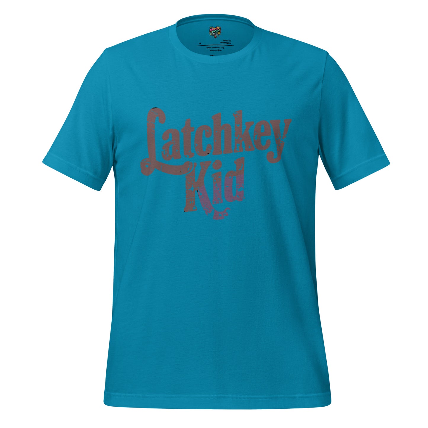 Kids T-shirt, aqua blue, front graphic logo in distressed brown