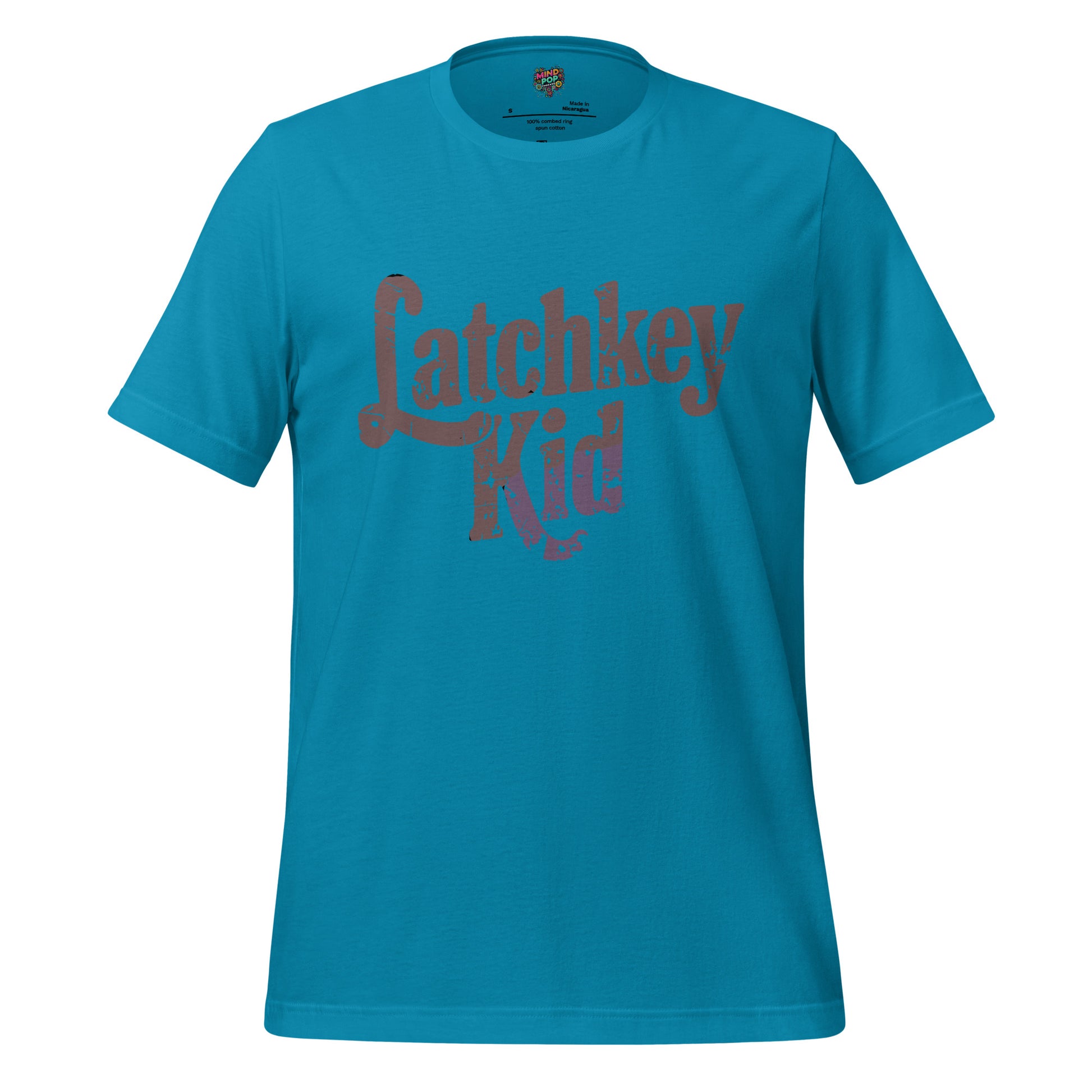 Kids T-shirt, aqua blue, front graphic logo in distressed brown