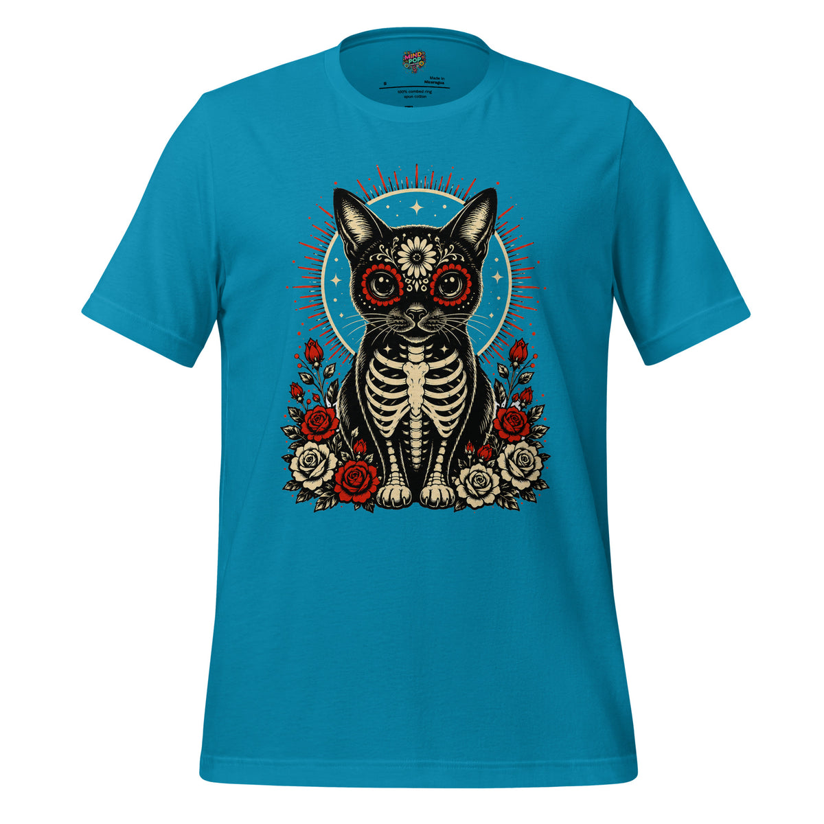 Day of the Dead sugar skull cat skeleton graphic tee in Aqua