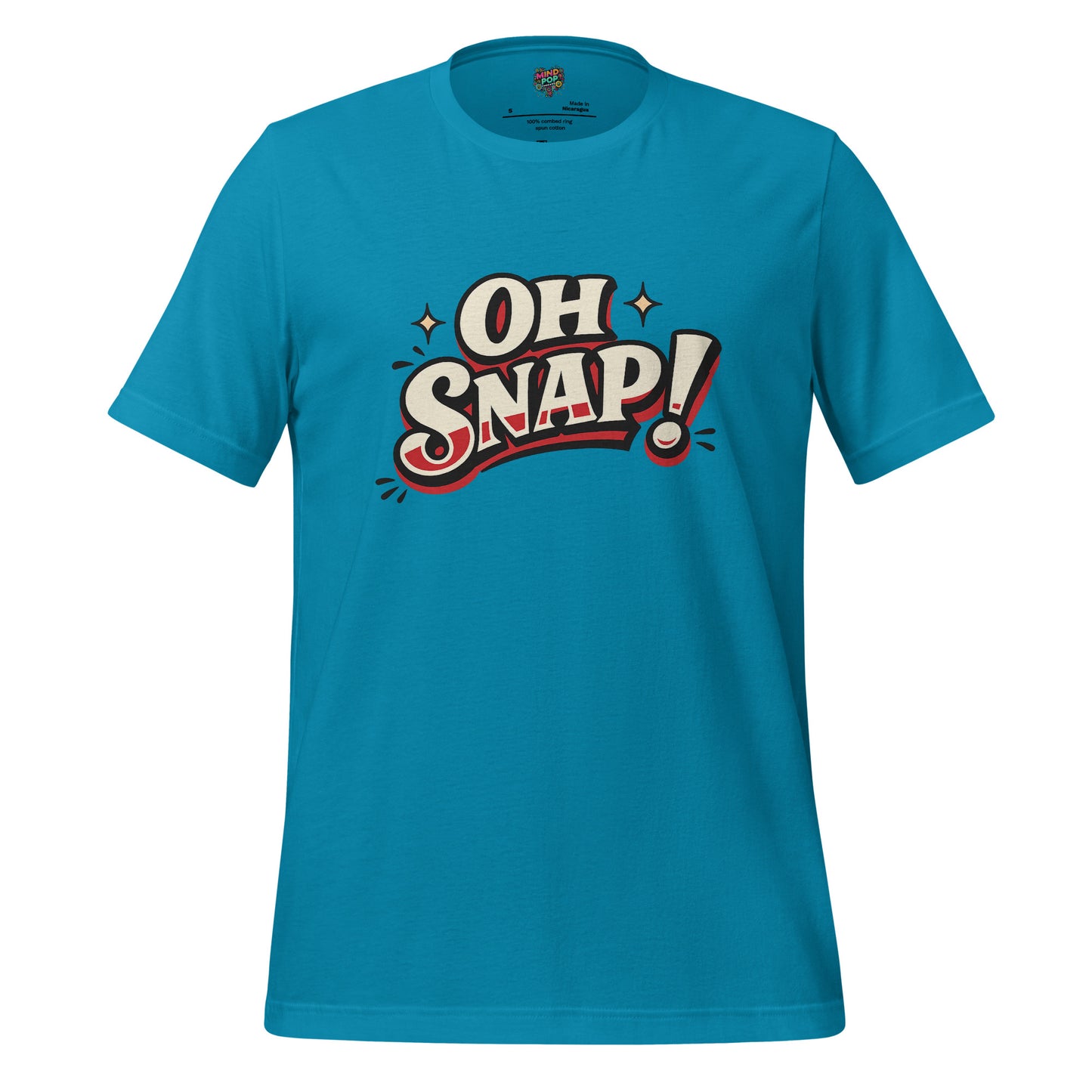 Aqua graphic statement T-shirt with bold "OH SNAP!" typography
