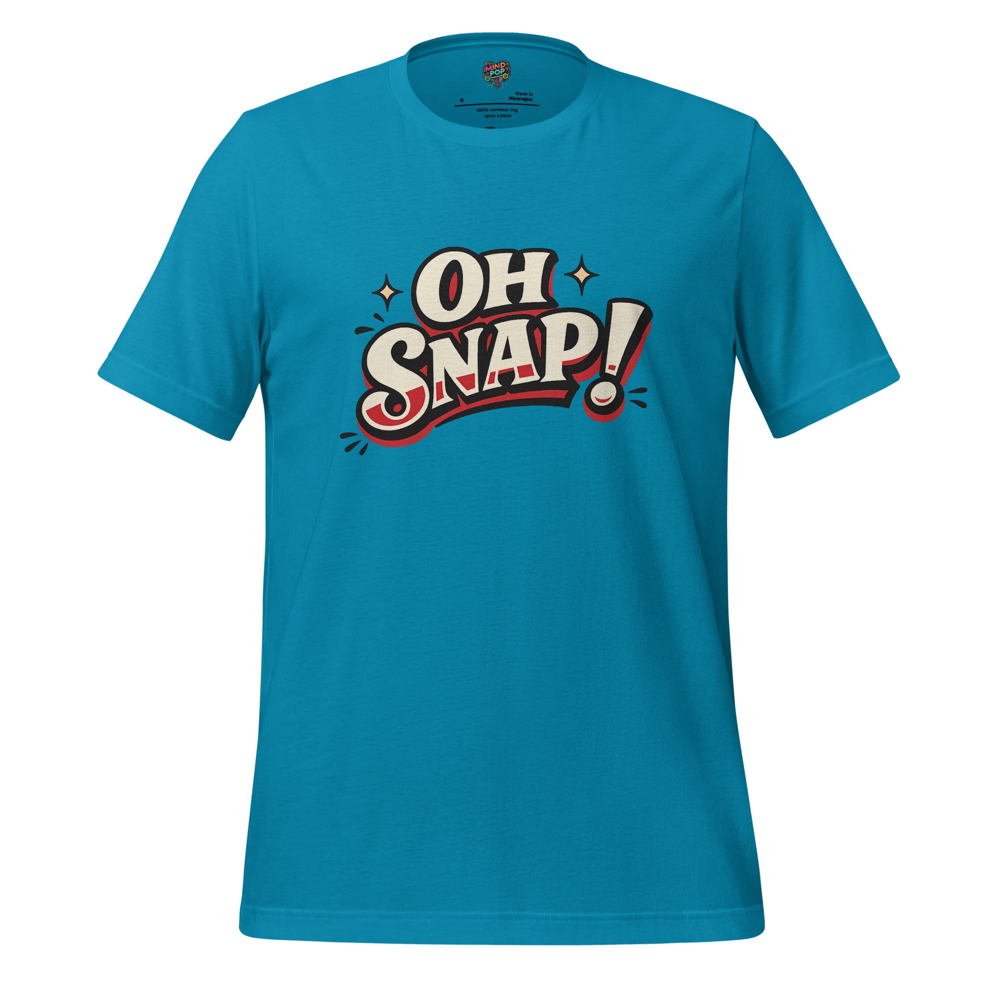 Aqua graphic statement T-shirt with bold "OH SNAP!" typography