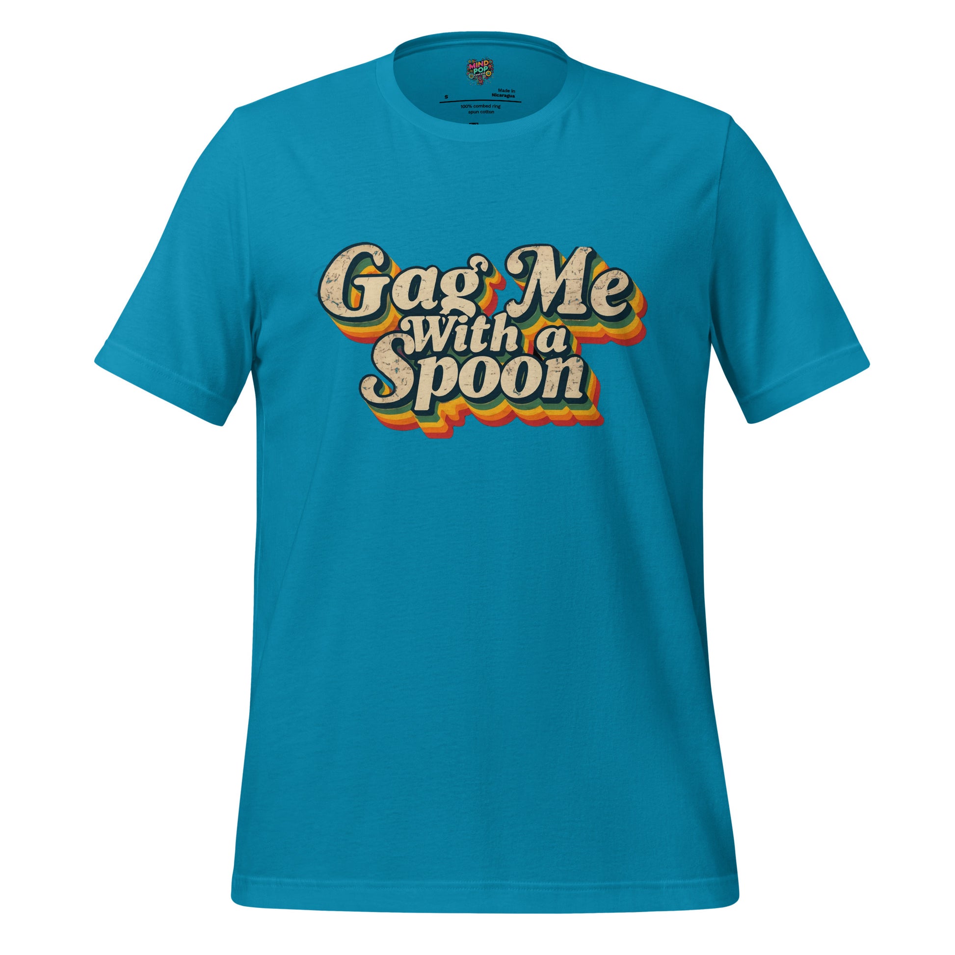 Blue graphic slogan t-shirt with 'Gag Me with a Spoon' front print