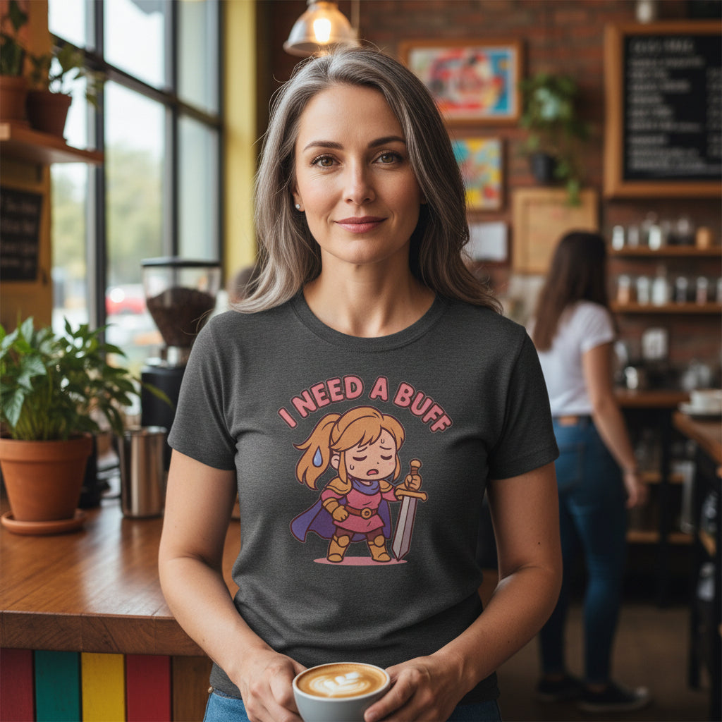 i need a buff shirt ona woman grabbing coffee