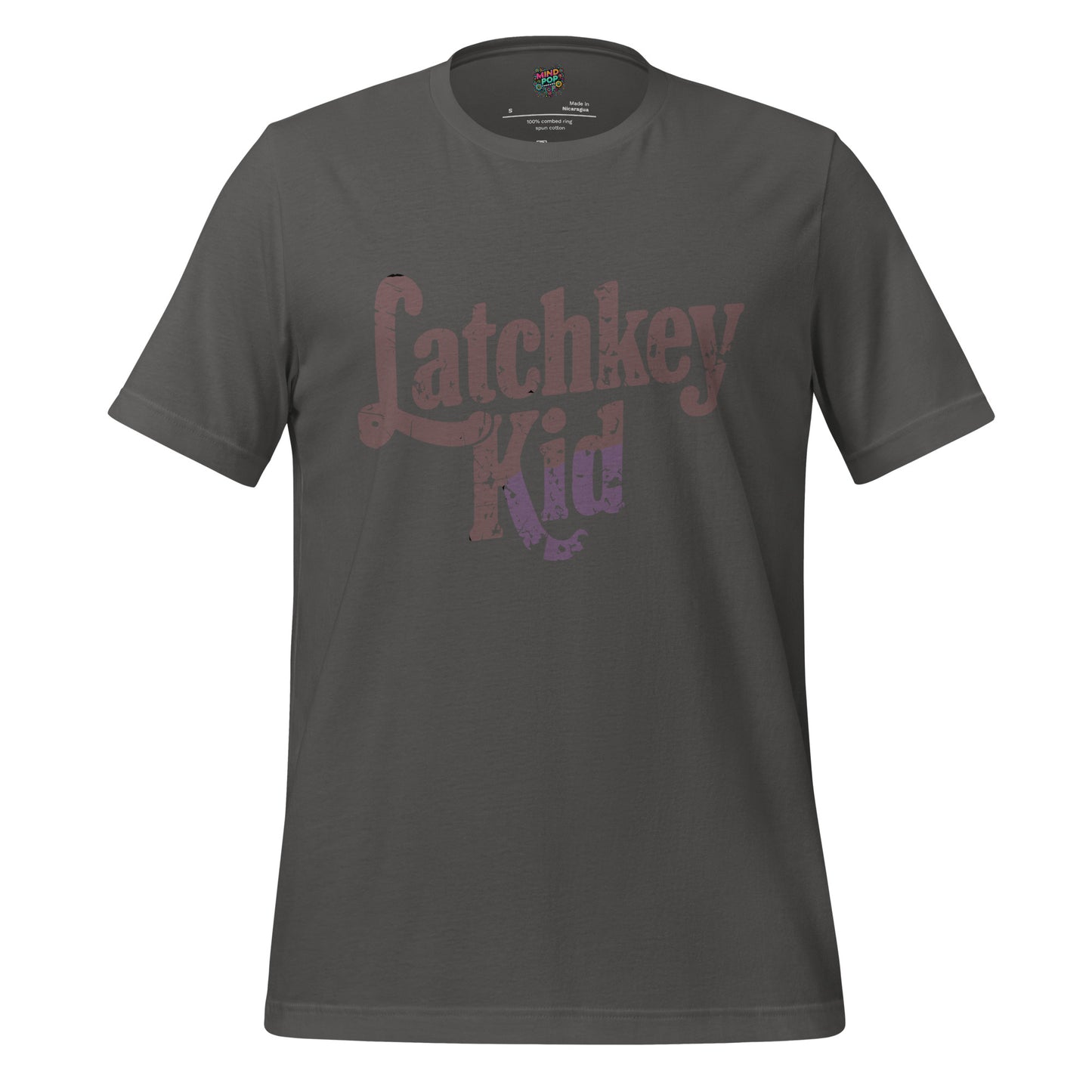 Kids T-shirt, asphalt gray, front graphic logo in distressed brown