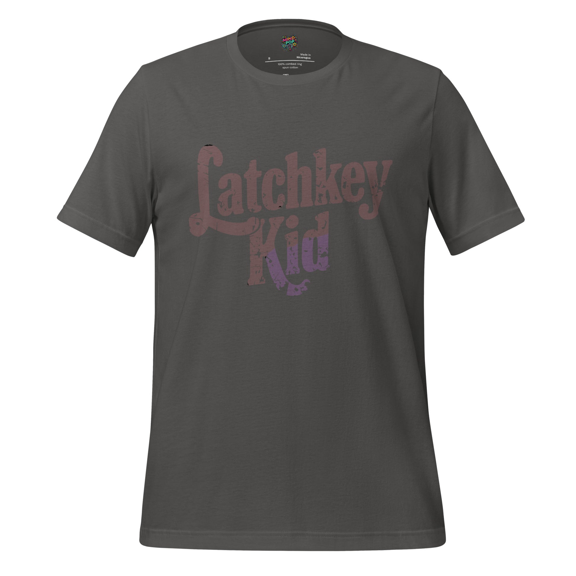 Kids T-shirt, asphalt gray, front graphic logo in distressed brown
