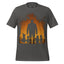 A dark gray crewneck t-shirt featuring a Halloween-themed graphic print of a silhouetted father figure standing with his children in front of an orange autumn tree background.