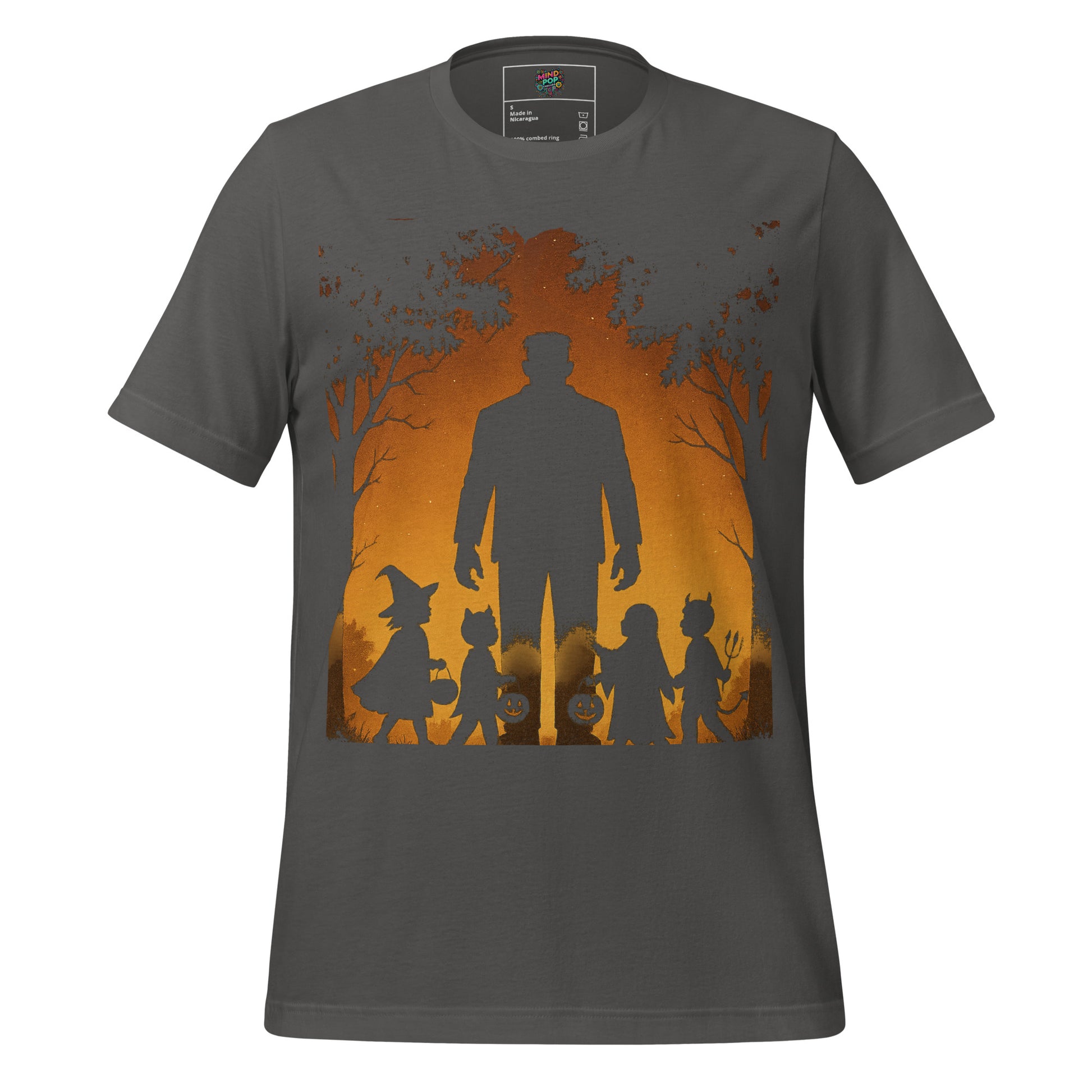 A dark gray crewneck t-shirt featuring a Halloween-themed graphic print of a silhouetted father figure standing with his children in front of an orange autumn tree background.