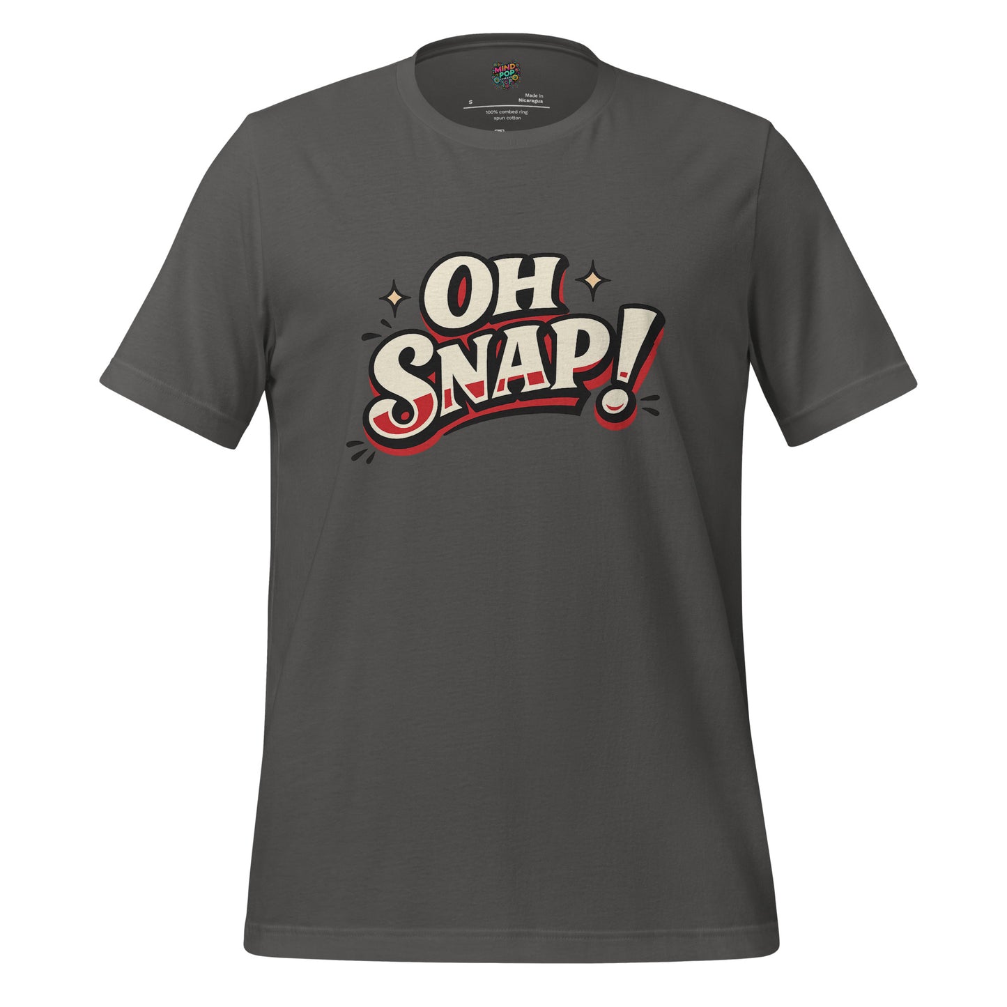 Dark gray graphic statement T-shirt with bold "OH SNAP!" typography