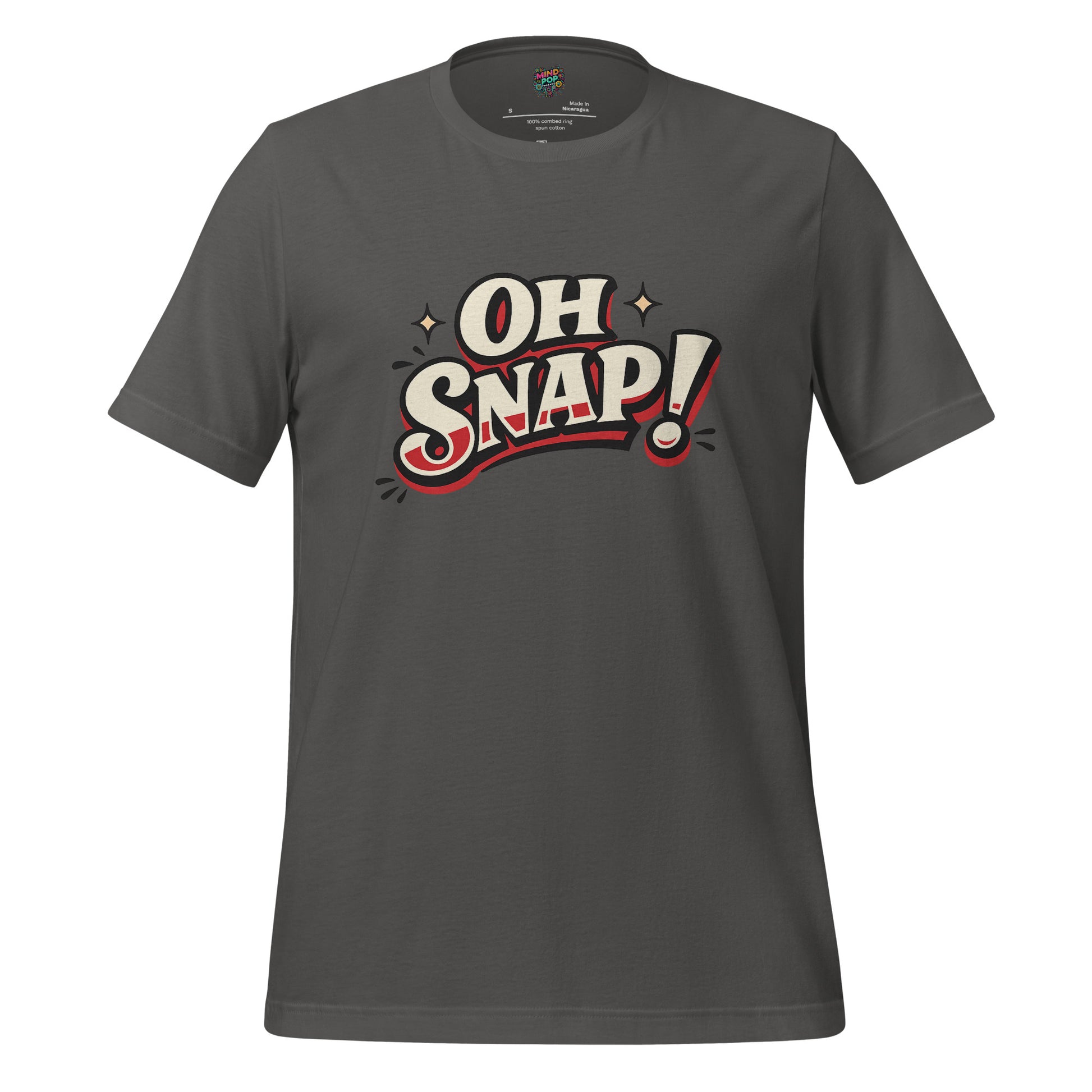 Dark gray graphic statement T-shirt with bold "OH SNAP!" typography