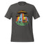A dark gray crewneck t-shirt featuring a colorful retro graphic of three UFOs with green Earth-like planets, cows, and a yellow station wagon under multicolored beams of light.