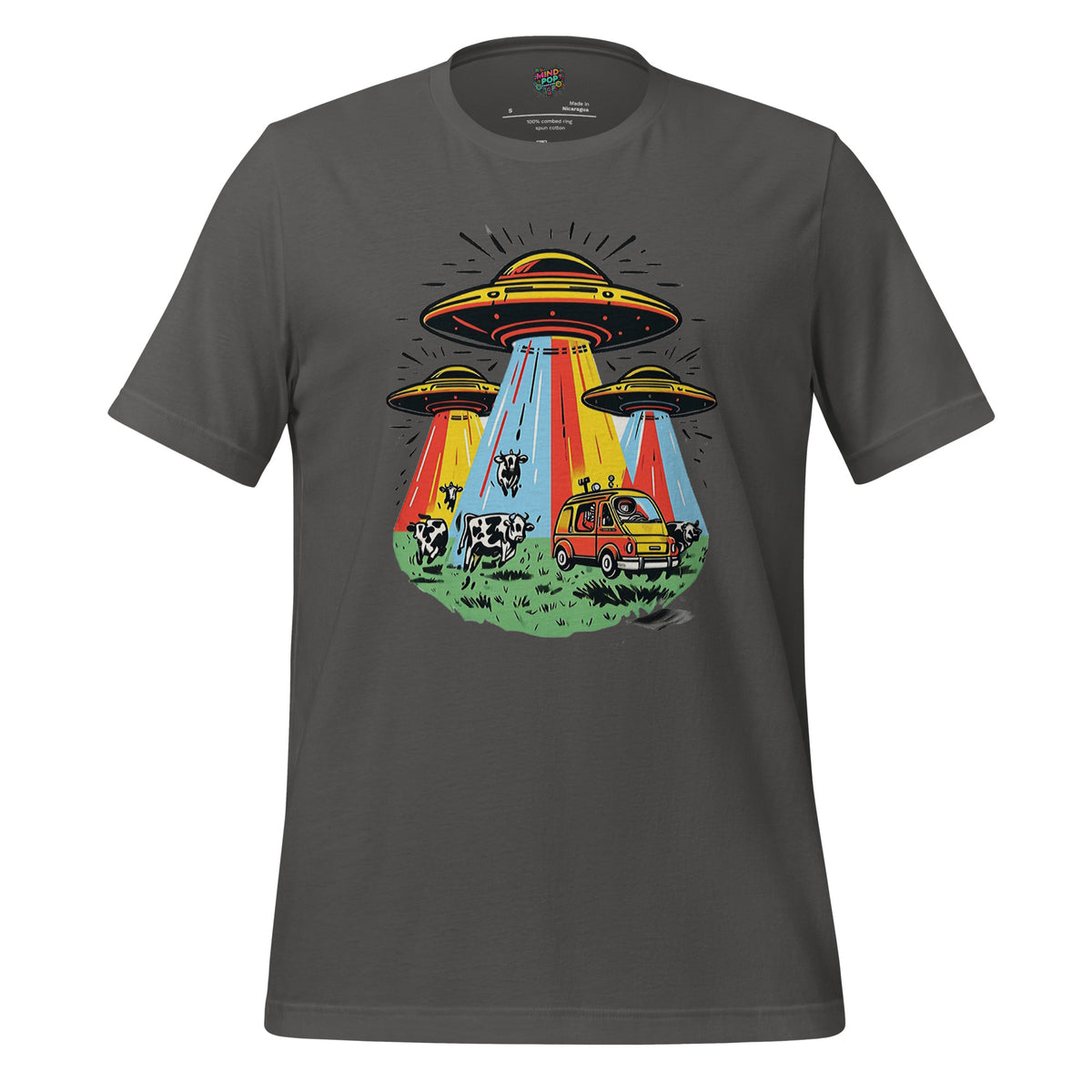 A dark gray crewneck t-shirt featuring a colorful retro graphic of three UFOs with green Earth-like planets, cows, and a yellow station wagon under multicolored beams of light.
