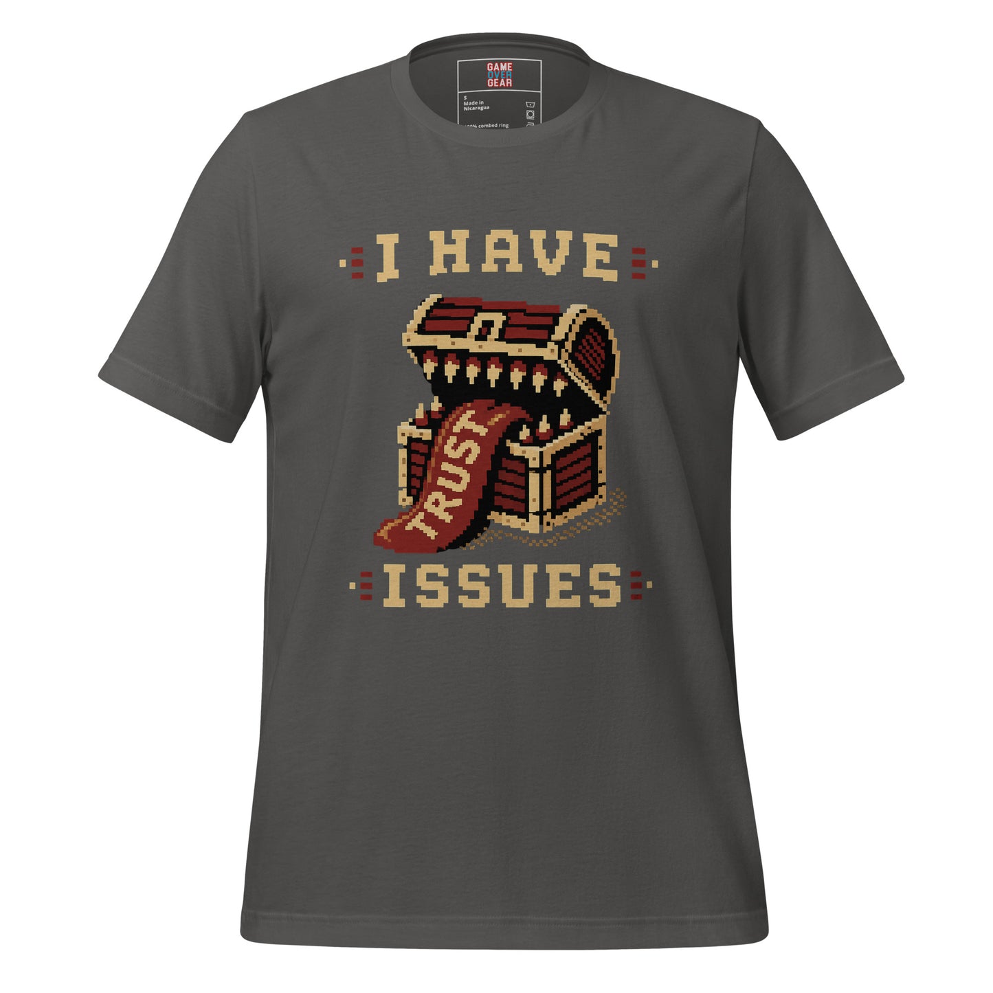 A dark gray crewneck t-shirt featuring a pixel-art graphic of an open treasure chest with a red banner reading 'TRUST' and the text 'I HAVE ISSUES' printed on the front.