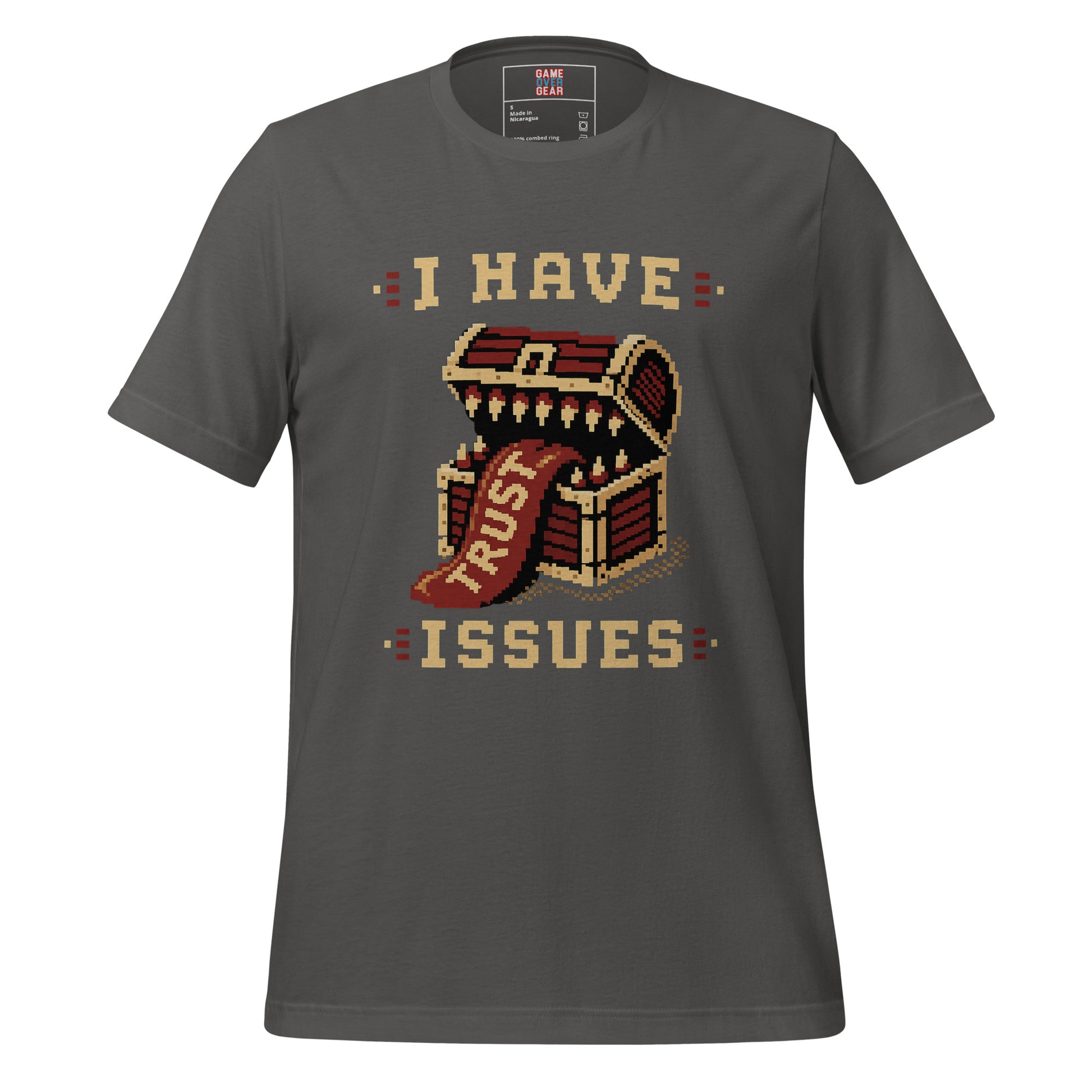 A dark gray crewneck t-shirt featuring a pixel-art graphic of an open treasure chest with a red banner reading 'TRUST' and the text 'I HAVE ISSUES' printed on the front.