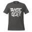A dark gray crewneck t-shirt featuring a distressed white graphic print on the front that reads 'RACE QUIT' with a video game controller overlay, shown against a plain white background.