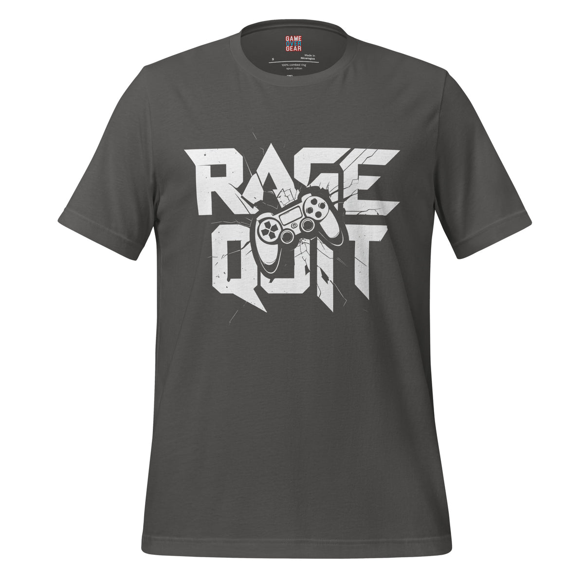 A dark gray crewneck t-shirt featuring a distressed white graphic print on the front that reads 'RACE QUIT' with a video game controller overlay, shown against a plain white background.