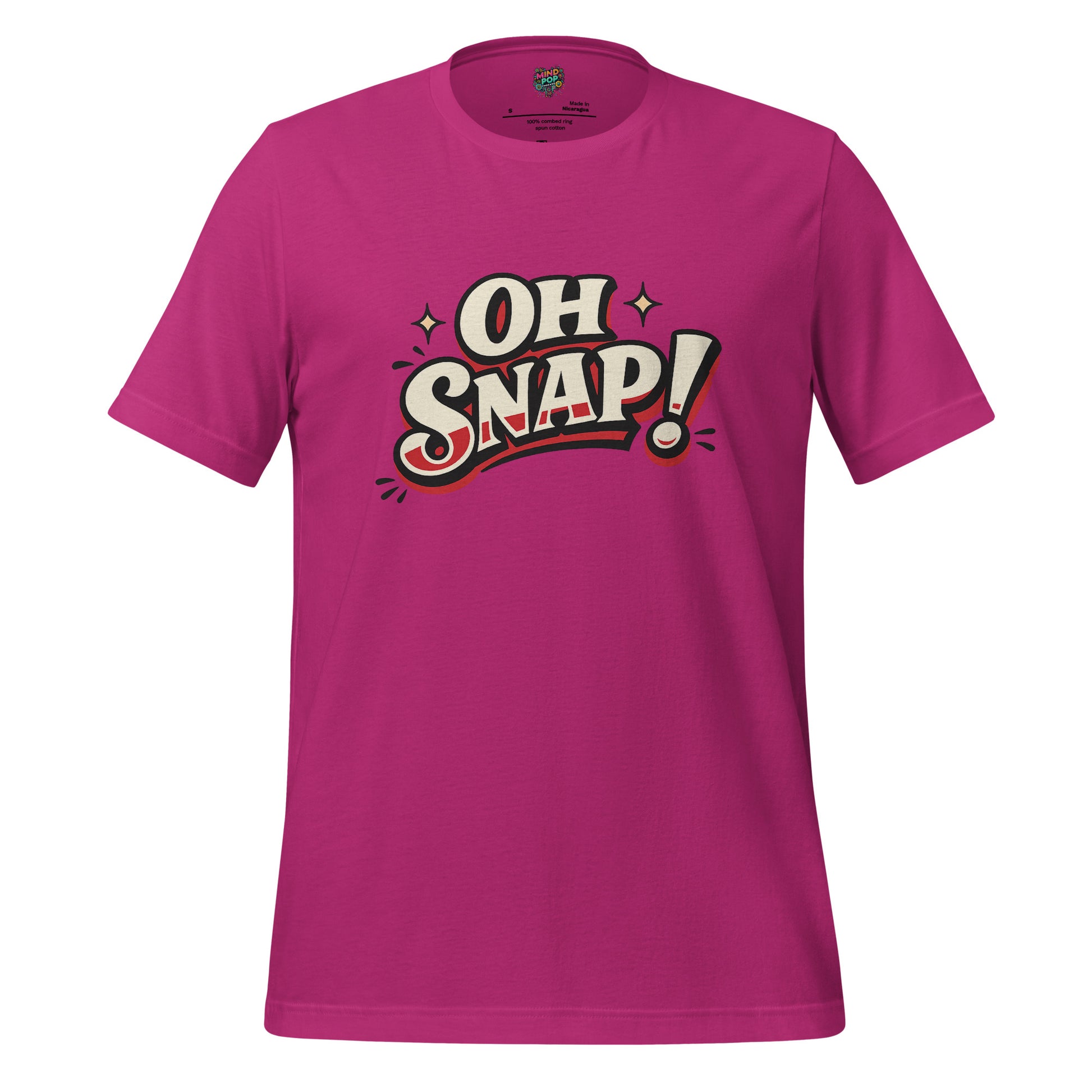 Berry pink graphic statement T-shirt with bold "OH SNAP!" typography