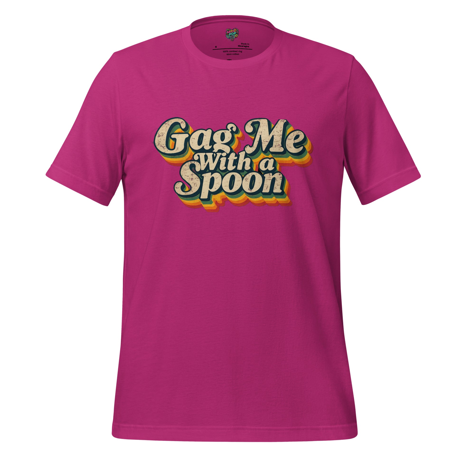 Purple graphic slogan t-shirt with 'Gag Me with a Spoon' front print