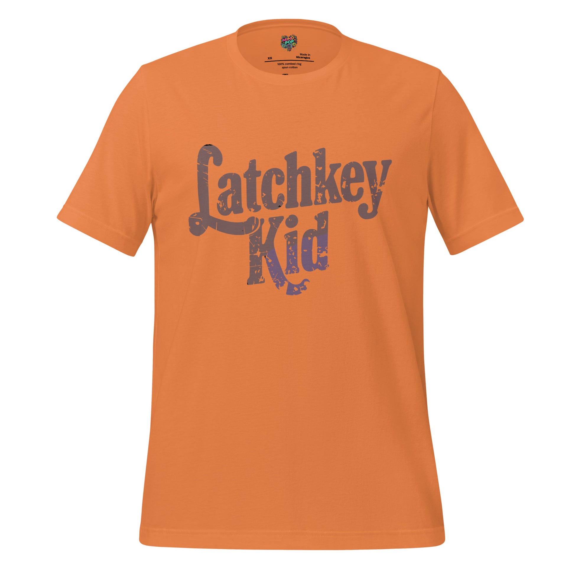 Kids T-shirt, burnt orange, front graphic logo in distressed brown