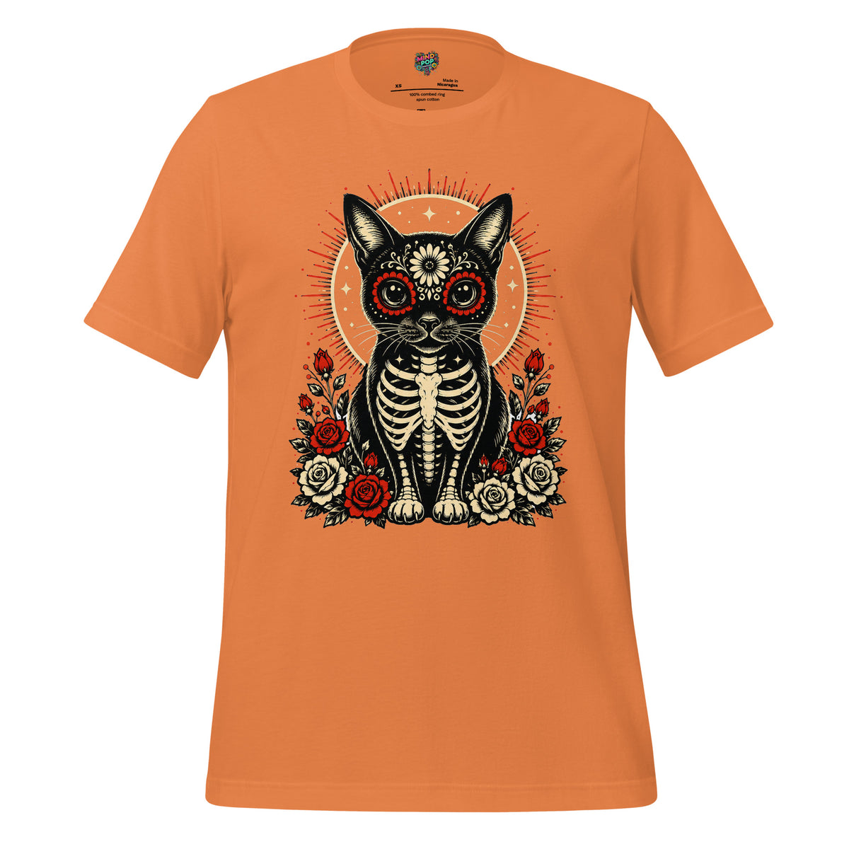 Day of the Dead Cat Skeleton Sugar Skull Tee - tshirt - MindPop Threads - Burnt Orange - 2XL - 1534079_4055