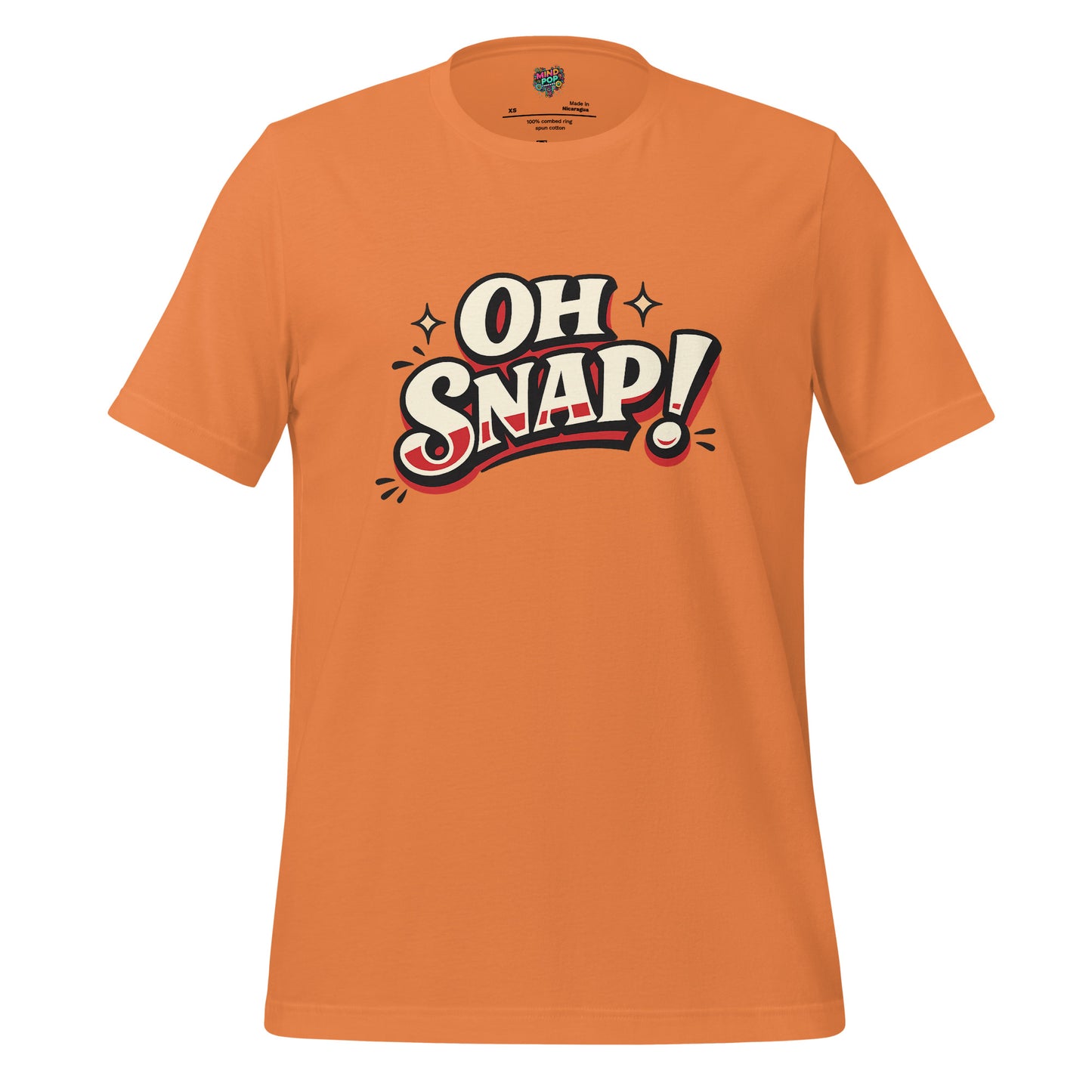 Orange graphic statement T-shirt with bold "OH SNAP!" typography