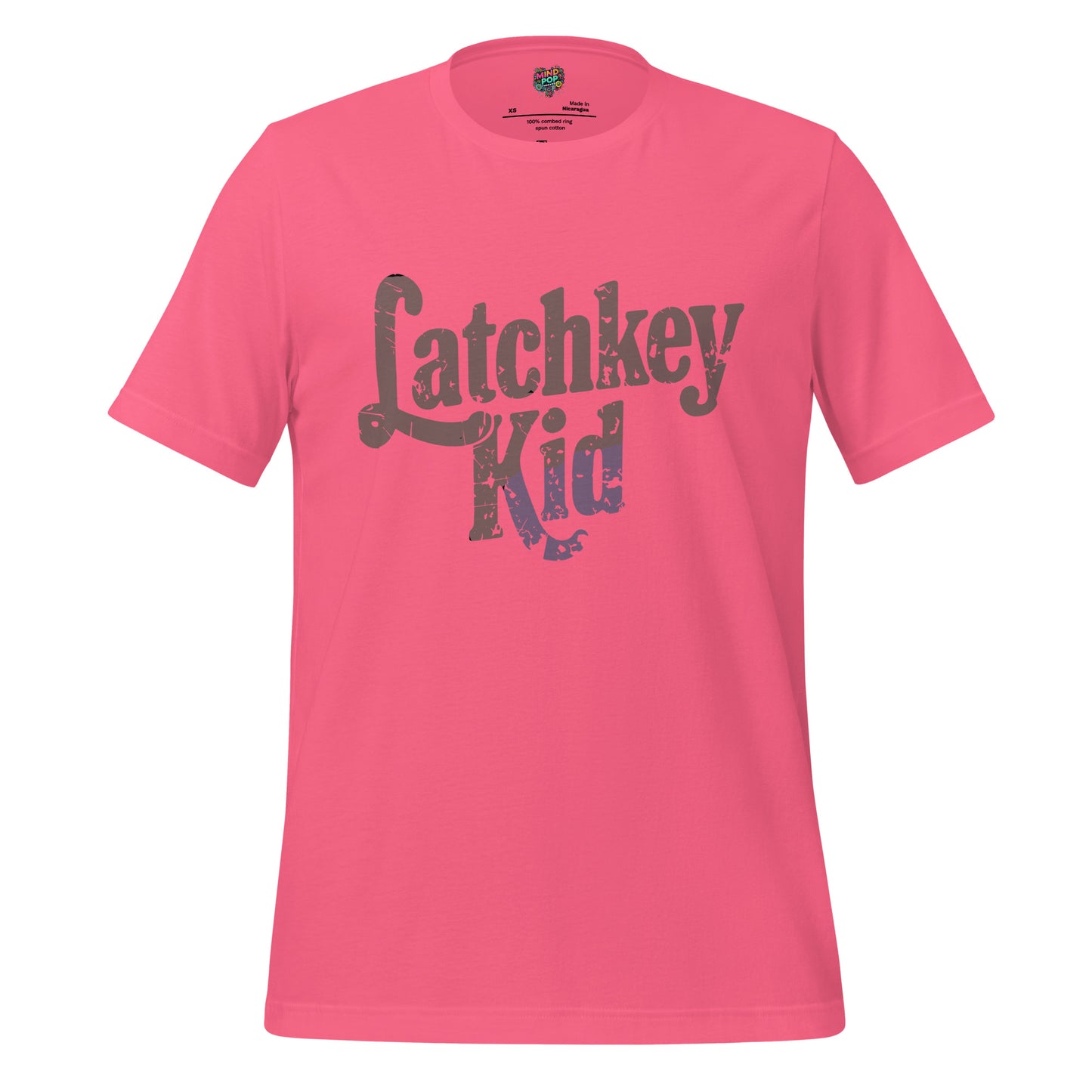 Kids T-shirt, charity pink, front graphic logo in distressed brown