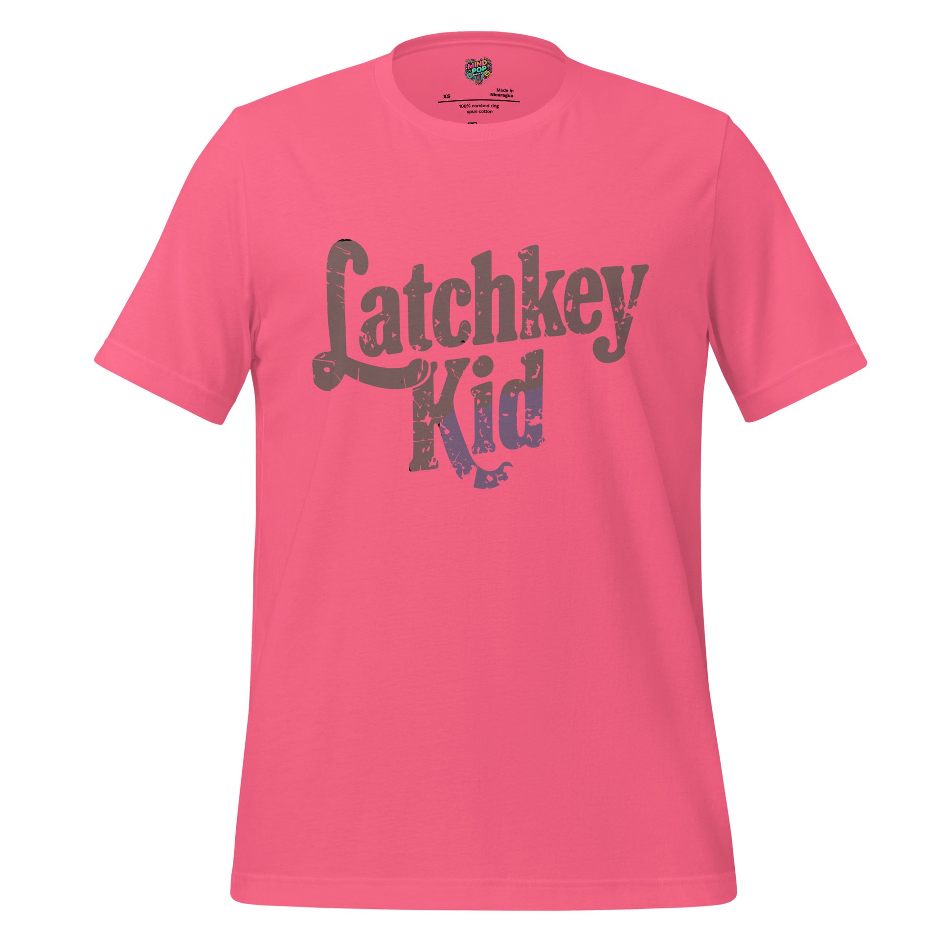 Kids T-shirt, charity pink, front graphic logo in distressed brown