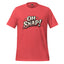 Red crew-neck T-shirt with “OH SNAP!” retro typography print on front