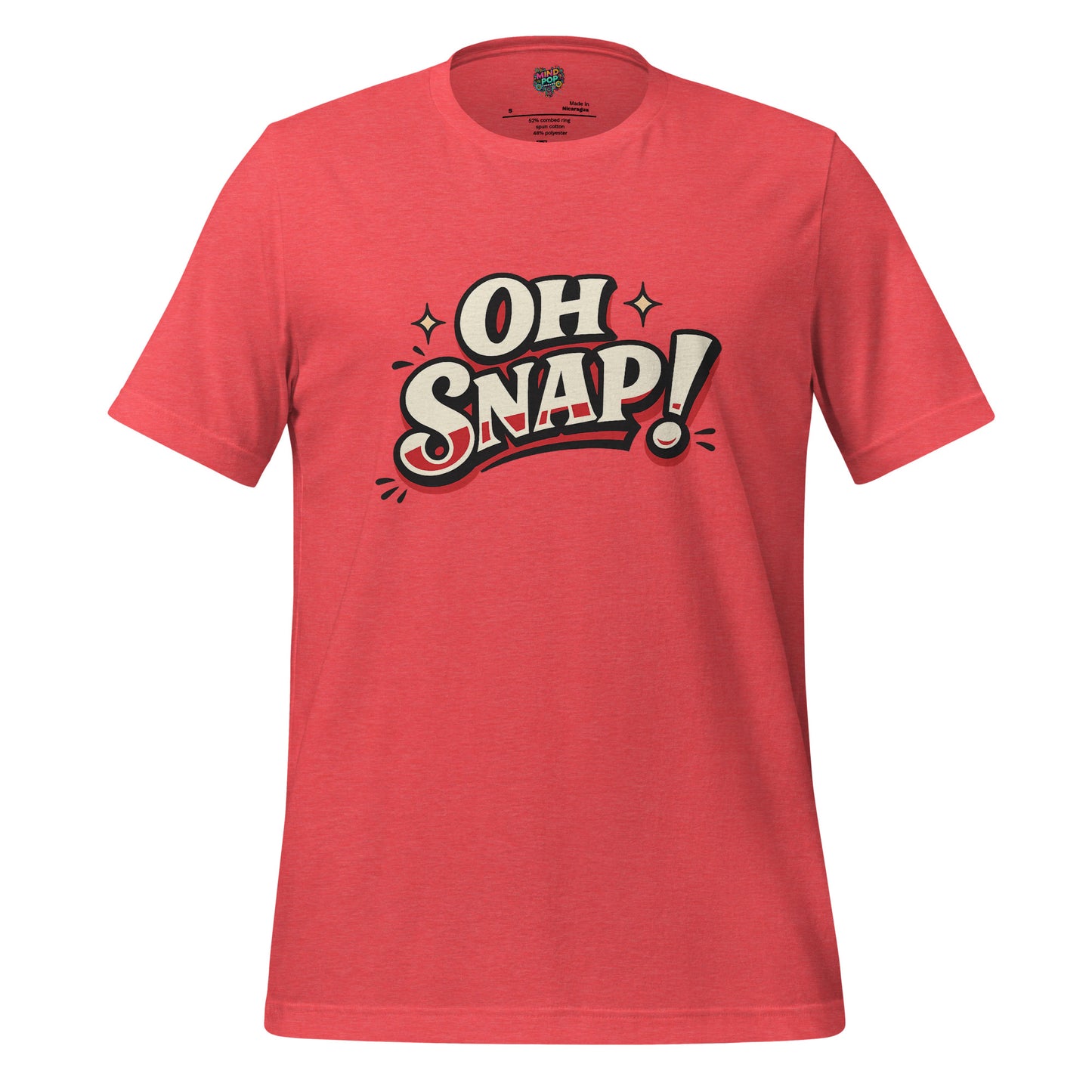 Red crew-neck T-shirt with “OH SNAP!” retro typography print on front