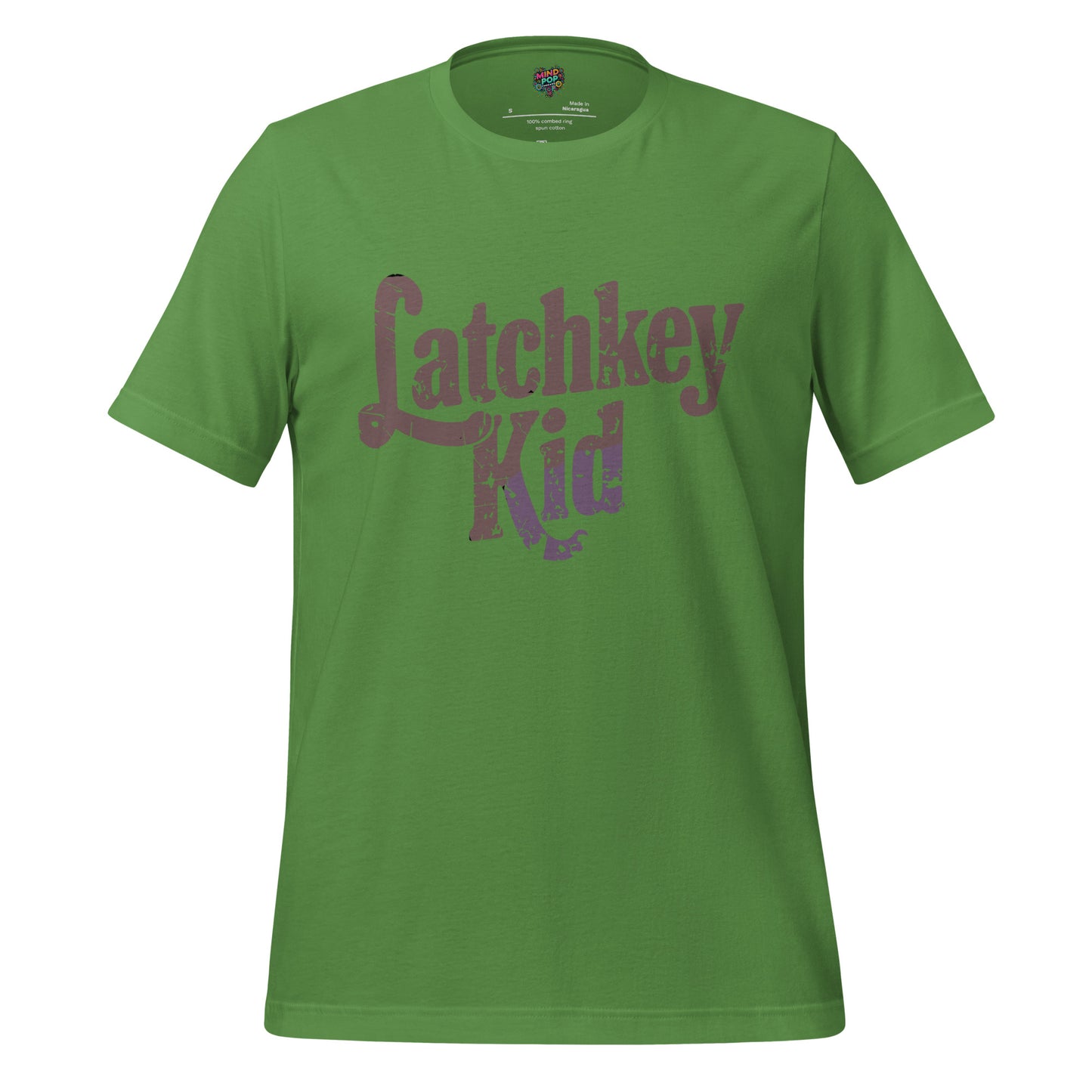 Kids T-shirt, leaf green, front graphic logo in distressed brown