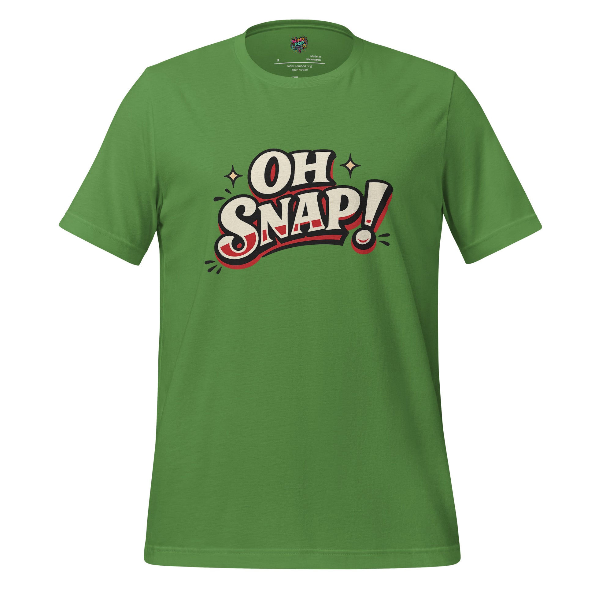 Green crew-neck T-shirt with “OH SNAP!” retro typography print on front