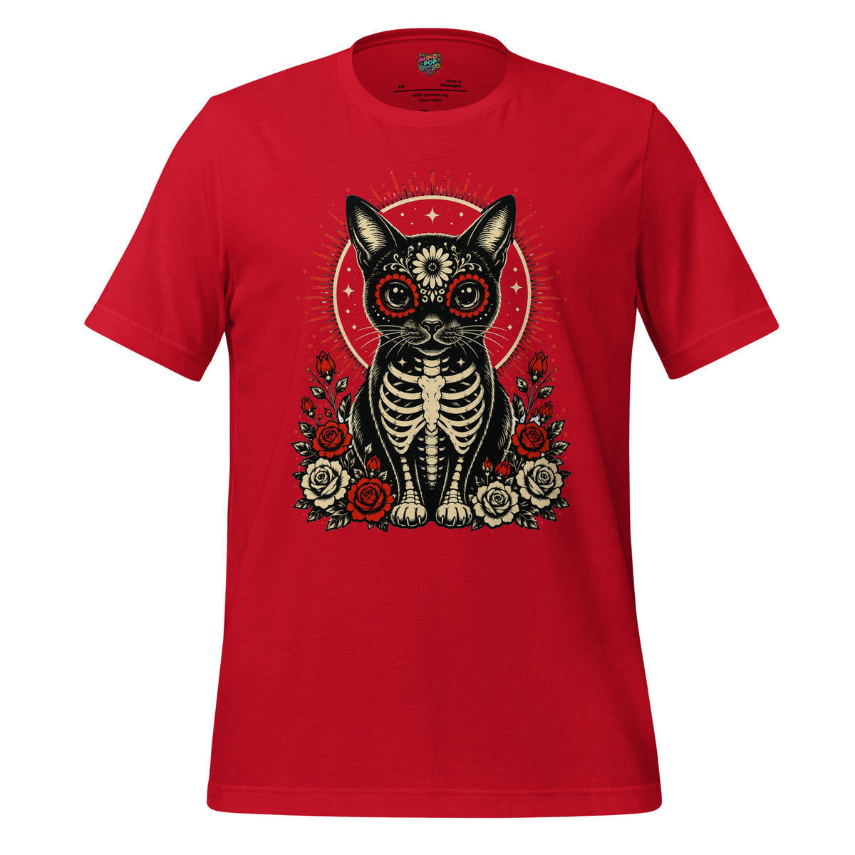 Day of the Dead sugar skull cat skeleton graphic tee in Red