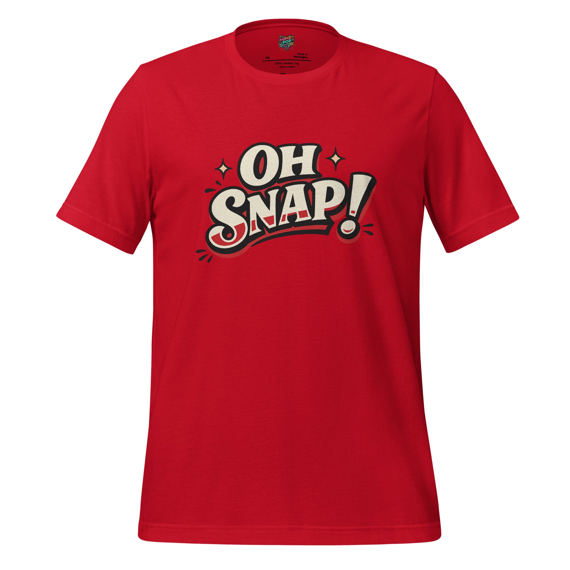 Red graphic statement T-shirt with bold "OH SNAP!" typography