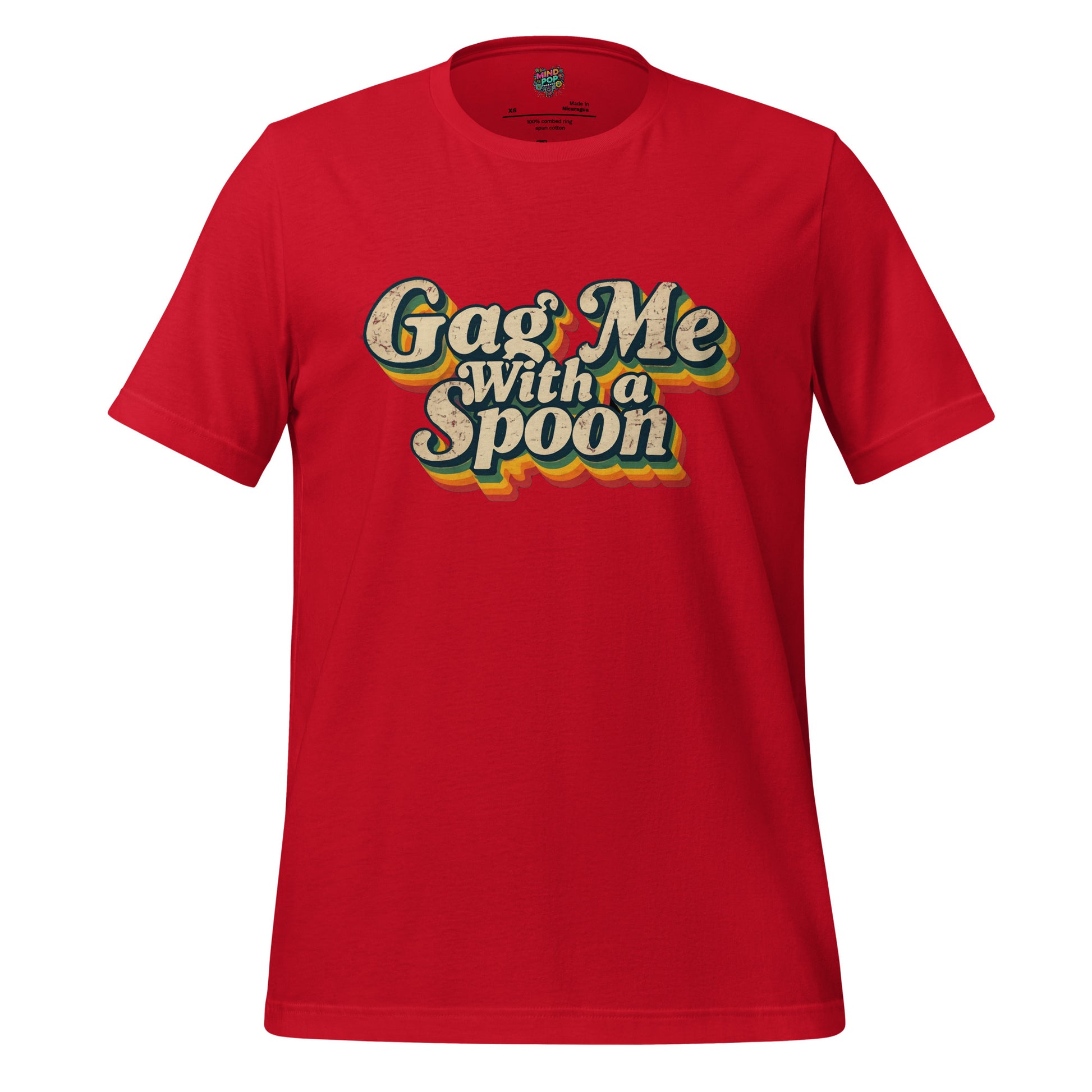 Red graphic slogan t-shirt with 'Gag Me with a Spoon' front print