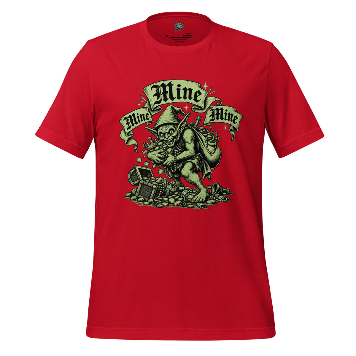 A red short-sleeve crewneck t-shirt featuring a vintage-style green graphic of a mining gnome holding a pick and shovel, with banners reading 'Mine Mine' above and below, set against a plain white background.