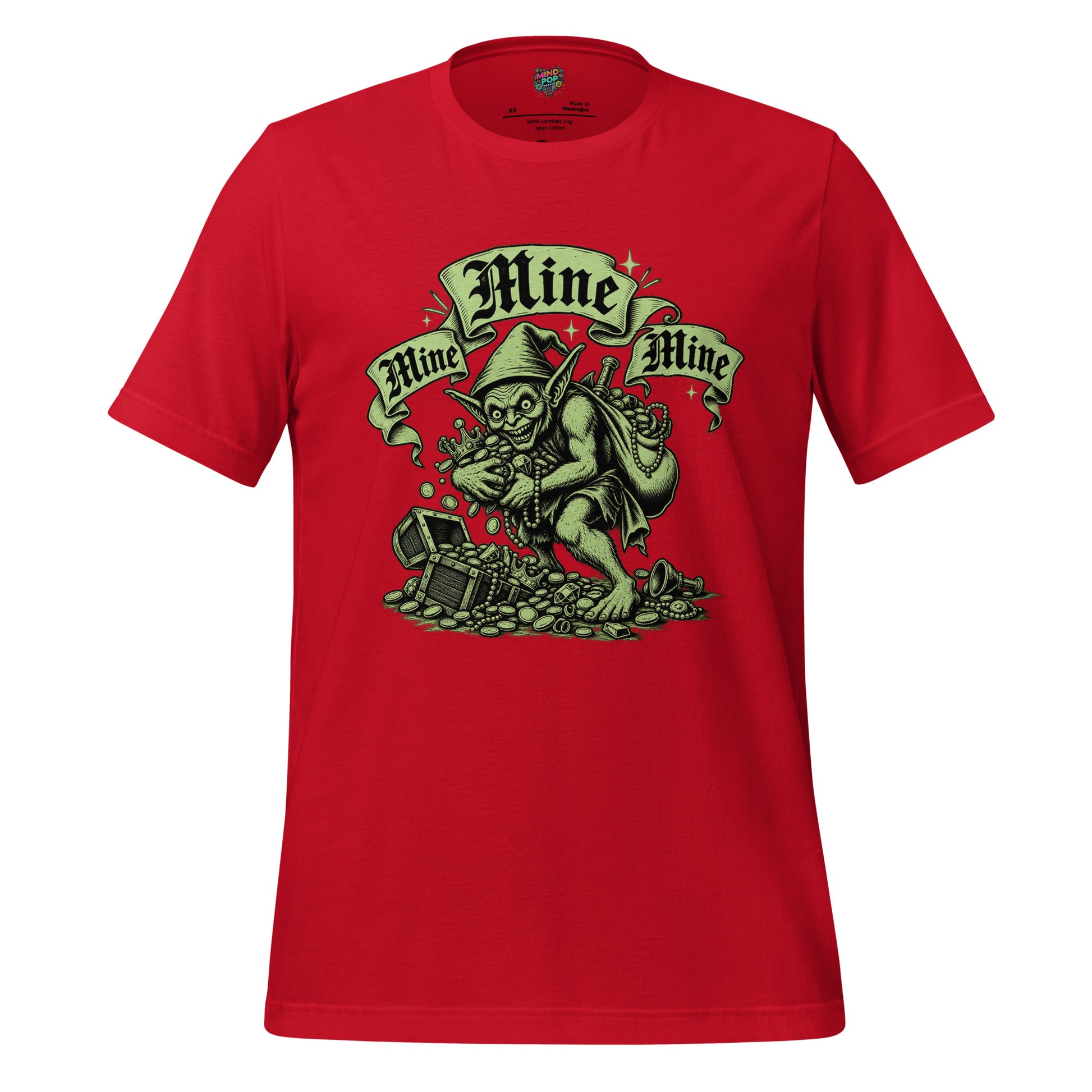 A red short-sleeve crewneck t-shirt featuring a vintage-style green graphic of a mining gnome holding a pick and shovel, with banners reading 'Mine Mine' above and below, set against a plain white background.