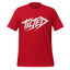A red short-sleeve crewneck t-shirt featuring a large white stylized graphic on the chest that reads 'TITLED' in a bold, angled font, displayed against a solid white background.