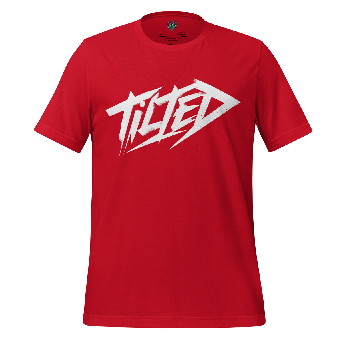 A red short-sleeve crewneck t-shirt featuring a large white stylized graphic on the chest that reads 'TITLED' in a bold, angled font, displayed against a solid white background.