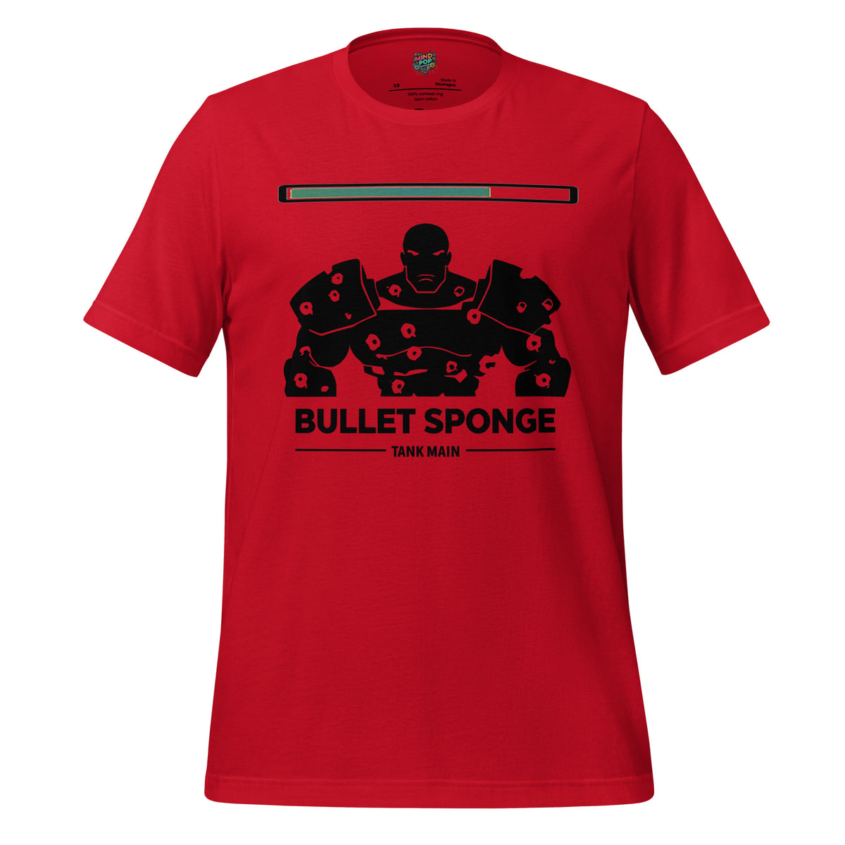 A red short-sleeve crewneck t-shirt featuring a black graphic of a tank character with bullet holes, a health bar above, and the text 'BULLET SPONGE' and 'TANK MAIN' printed on the front.
