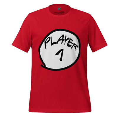 A red short-sleeve crewneck t-shirt featuring a large white circular graphic on the chest with the text 'PLAYER 1' in black.