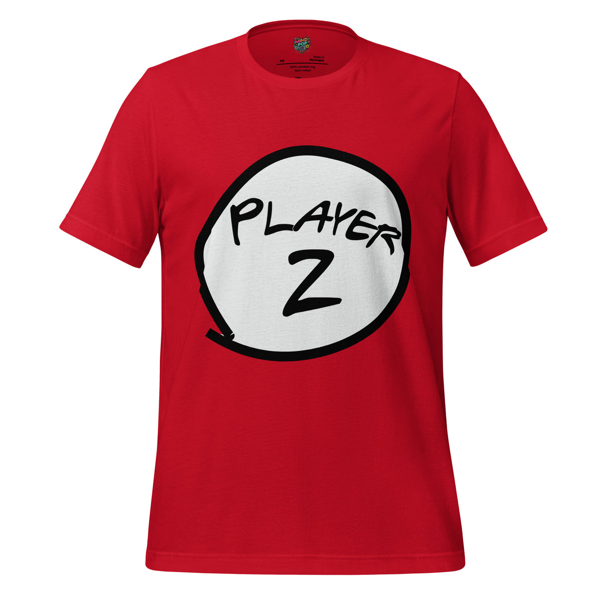 A red short-sleeve crewneck t-shirt featuring a large white circular graphic on the chest with a black border and the text 'PLAYER 2' in black.