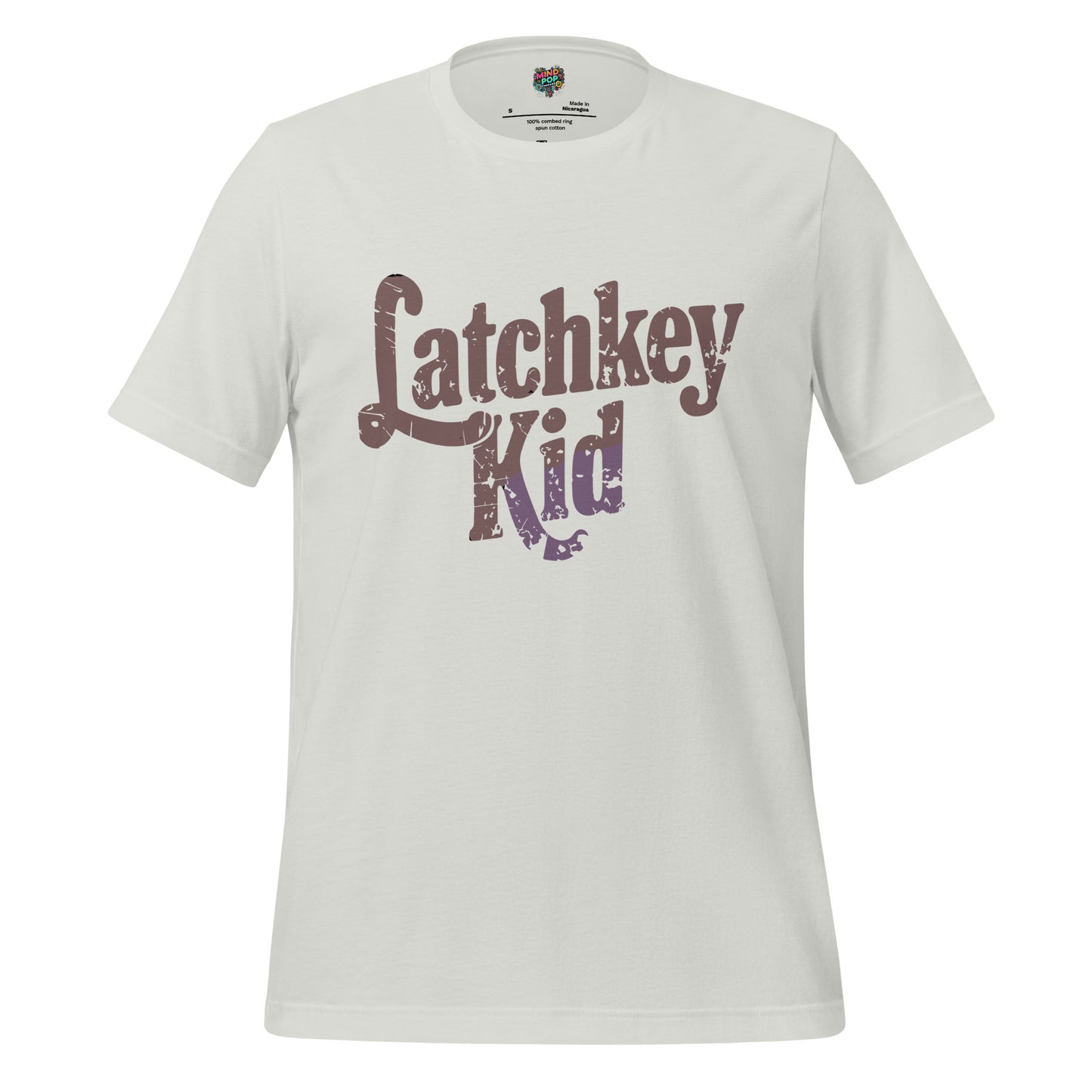 Kids T-shirt, silver gray, front graphic logo in distressed brown
